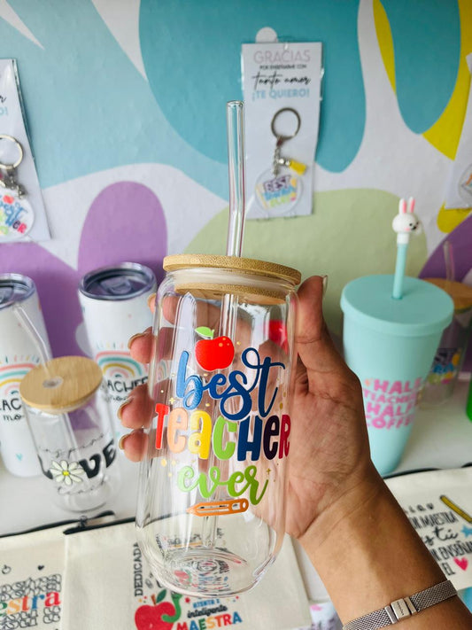Vaso de cristal tapa de bambú Best Teacher Ever
